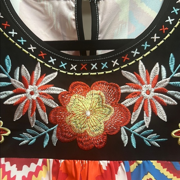 Black and Orange Graphic Cap Sleeve Blouse with Bib Collar - Picture 2 of 4